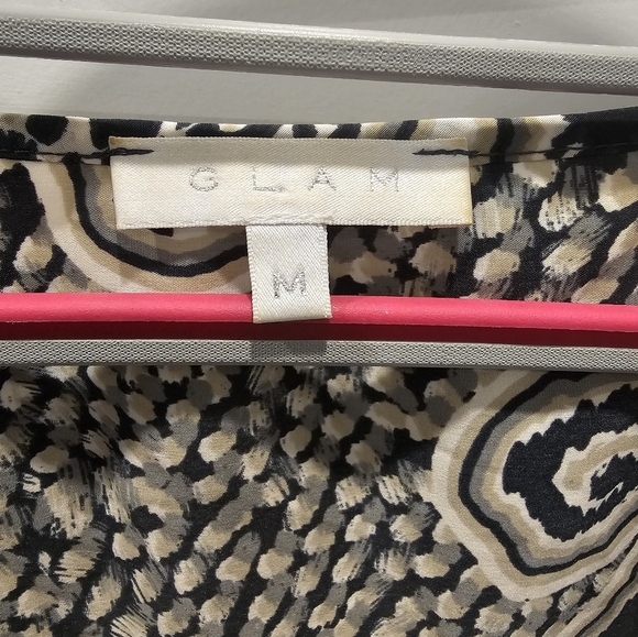 GLAM Tunic Dress M Black Beige Paisley Print Boho Blouse Mini Dress 3/4 Sleeve - Picture 4 of 10